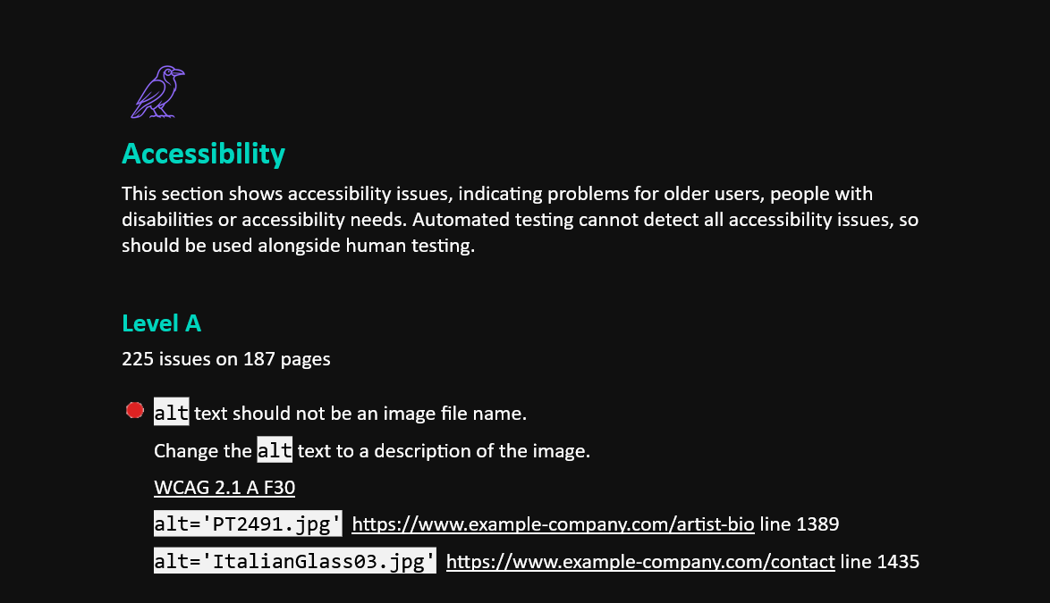 Sample report page showing accessibility issues grouped by WCAG level, with issue descriptions and affected URLs