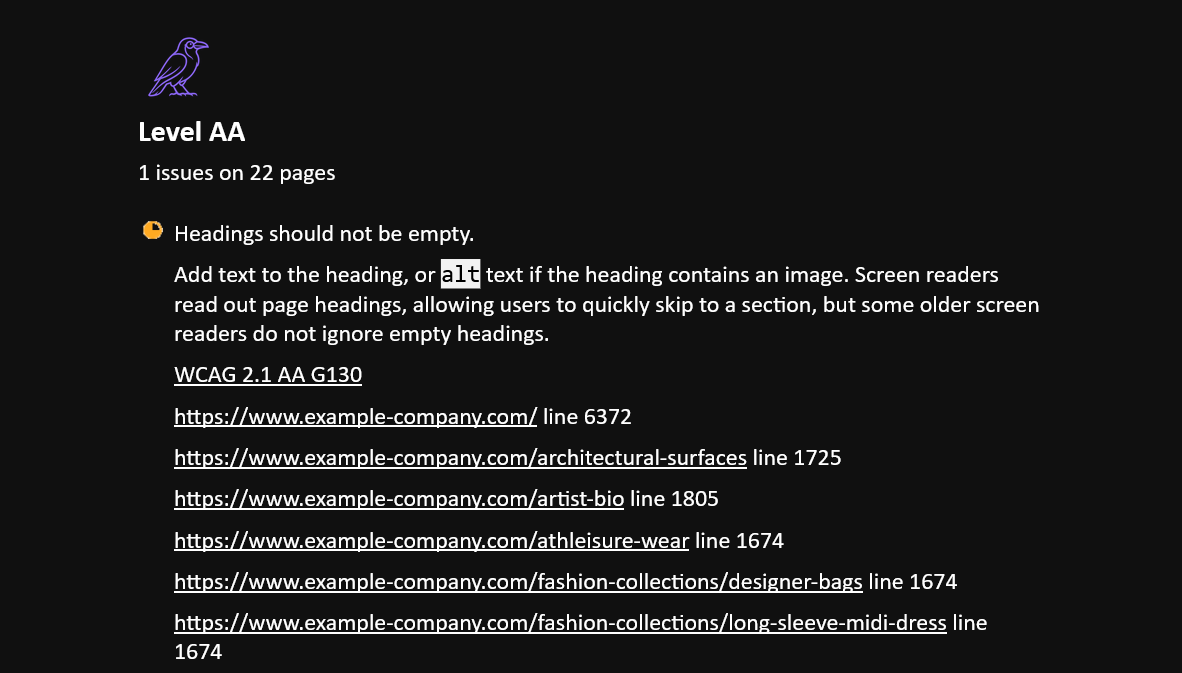 Sample report page showing a specific accessibility issue mapped to the affected pages and line numbers in the source code