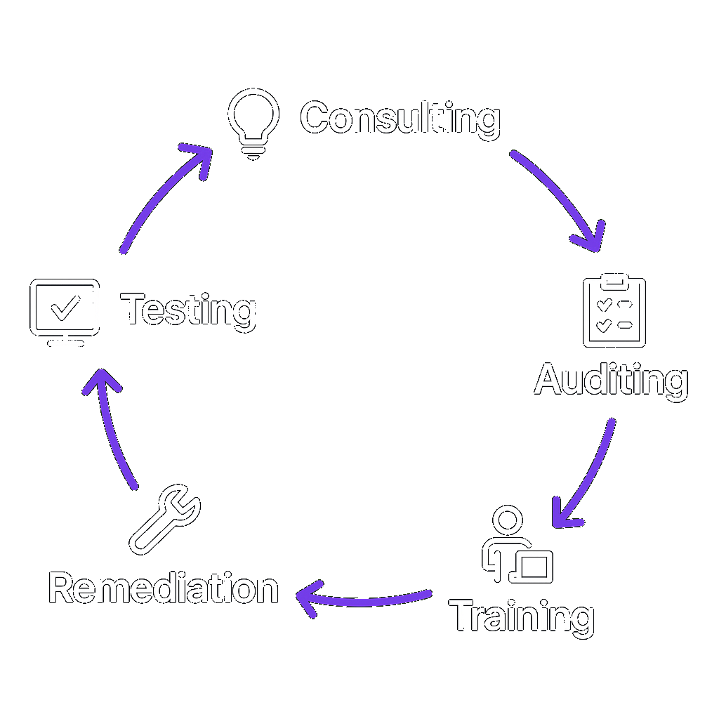 A circlular display of services, consulting, auditing, training, remedation, testing